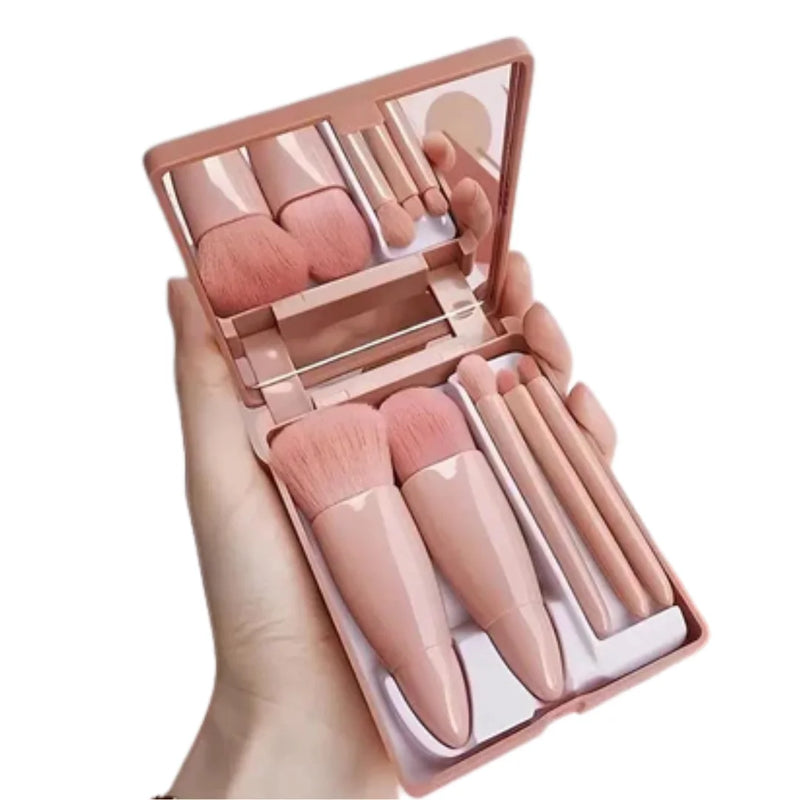 Kit Pincéis de Maquiagem Portátil - 5 Peças com Espelho