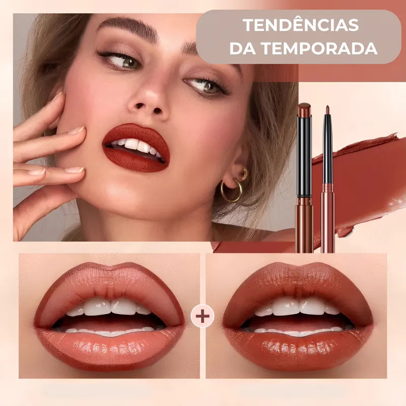 Contorno + batom Duo Labial Matte Perfeito entre dedos